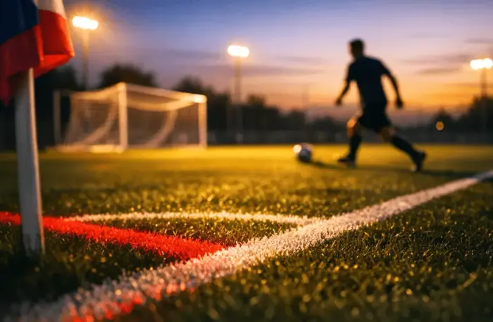 Floodlit football pitch at dusk with red-and-white accent lighting, lone player in motion with ball, goal net in soft focus.