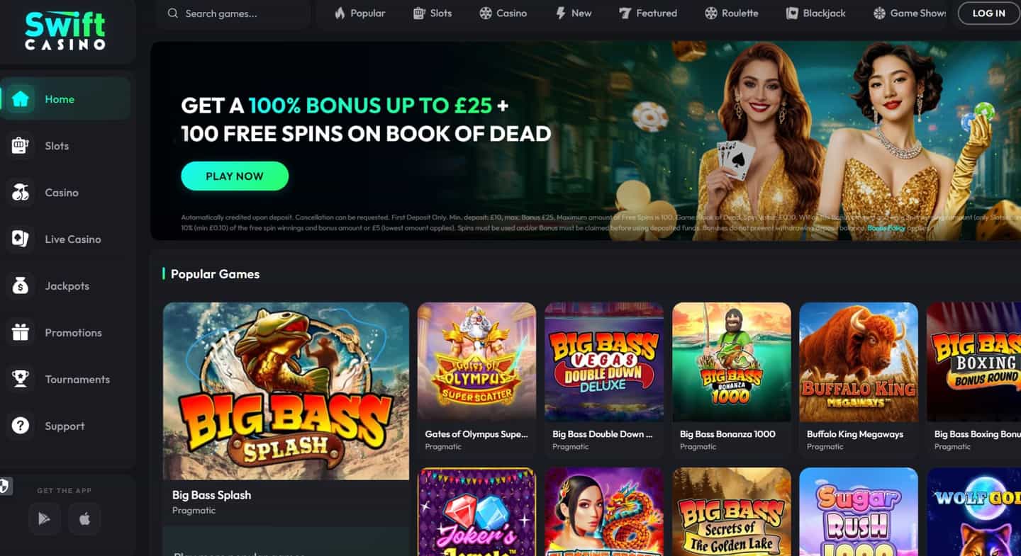 Swift Casino review screenshot GB desktop