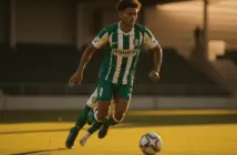 Young footballer in green and white sprinting with ball on pitch during golden hour