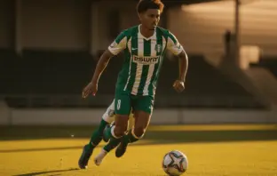 Young footballer in green and white sprinting with ball on pitch during golden hour
