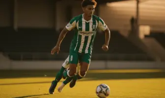 Young footballer in green and white sprinting with ball on pitch during golden hour