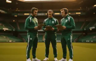 Celtic coaching staff on sideline at Celtic Park in green training kit discussing tactics