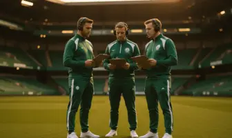 Celtic coaching staff on sideline at Celtic Park in green training kit discussing tactics