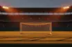 Floodlit stadium at dusk with packed stands and dramatic shadow patterns, no players visible, golden-hour kick-off atmosphere.