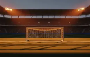 Floodlit stadium at dusk with packed stands and dramatic shadow patterns, no players visible, golden-hour kick-off atmosphere.