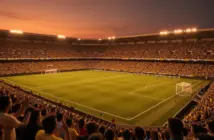 Floodlit World Cup 2026 stadium at golden hour with packed stands in national colours, dramatic pitch shadows, no people on field.