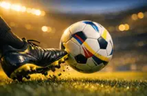 Football boot striking match ball on floodlit pitch with Ecuador national colours (yellow, blue) in evening stadium lighting.