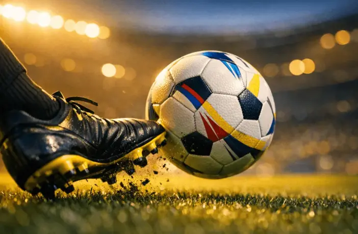 Football boot striking match ball on floodlit pitch with Ecuador national colours (yellow, blue) in evening stadium lighting.