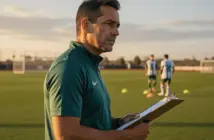 Football coach with clipboard on training pitch with players in green and white in background