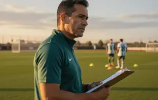 Football coach with clipboard on training pitch with players in green and white in background