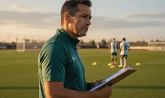 Football coach with clipboard on training pitch with players in green and white in background