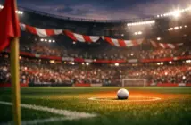 Empty floodlit football pitch at dusk with ball on penalty spot, red and white stadium lighting, shallow depth of field.