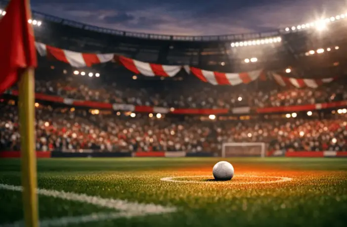 Empty floodlit football pitch at dusk with ball on penalty spot, red and white stadium lighting, shallow depth of field.