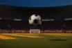 Floodlit stadium corner-flag view with ball in mid-flight; England and Croatia flag colours illuminating the pitch during twilight.