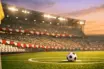 Stadium corner view with red-white bunting, empty stands, floodlit pitch, and football on centre spot at dusk.