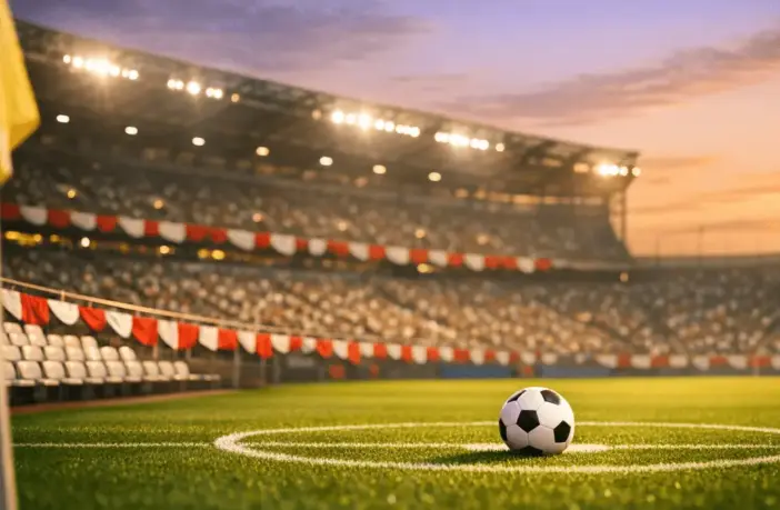Stadium corner view with red-white bunting, empty stands, floodlit pitch, and football on centre spot at dusk.