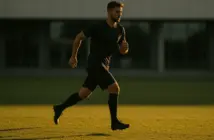 Professional footballer training on pitch with stadium background during golden hour