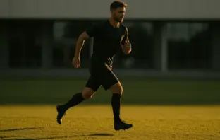 Professional footballer training on pitch with stadium background during golden hour