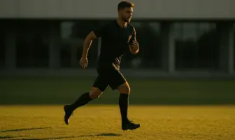 Professional footballer training on pitch with stadium background during golden hour