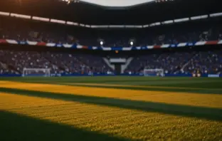 Empty floodlit stadium pitch at dusk with packed stands, dramatic shadows, and golden-hour lighting during international football match.