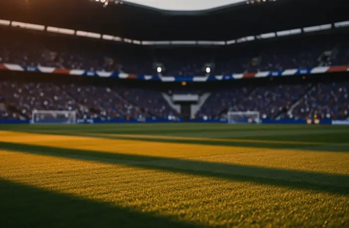 Empty floodlit stadium pitch at dusk with packed stands, dramatic shadows, and golden-hour lighting during international football match.