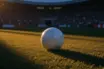Evening stadium floodlights and football pitch with corner flag, cinematic colour grading, shallow depth of field.