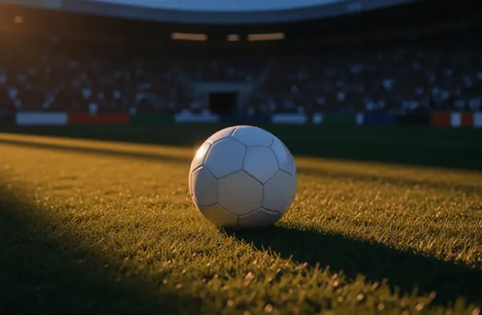 Evening stadium floodlights and football pitch with corner flag, cinematic colour grading, shallow depth of field.