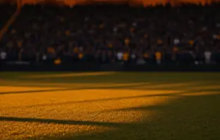 Floodlit stadium pitch at dusk with golden-hour lighting, packed stands behind, dramatic shadows on grass, French and Swedish colour palette.