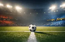 Floodlit football pitch at night with match ball on centre spot, dramatic shadows, empty stadium stands lit in team colours.
