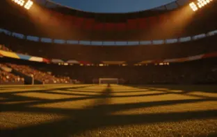 Floodlit stadium with packed stands at golden hour, dramatic shadows, empty pitch, cinematic sports photography.