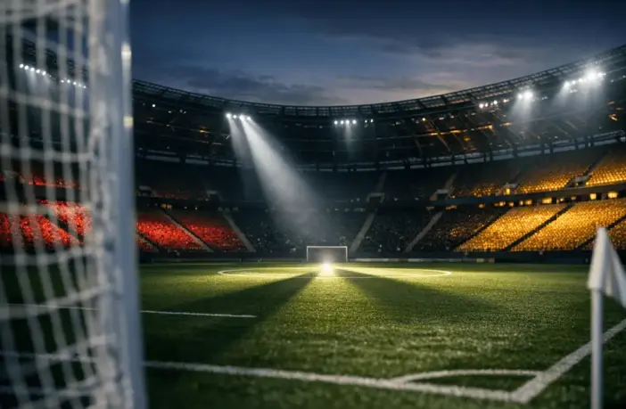 Floodlit stadium lower bowl with German flag-colour lighting over empty pitch at dusk, corner flag perspective.