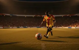 Low-angle stadium shot of boot striking football during evening floodlit match, golden and blue lighting tones.