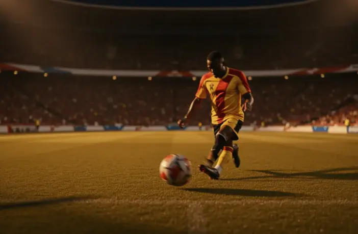 Low-angle stadium shot of boot striking football during evening floodlit match, golden and blue lighting tones.