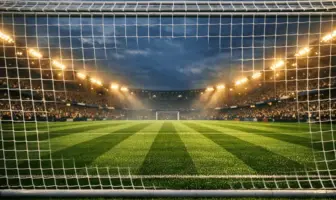 Illuminated women's football stadium pitch under floodlights awaiting crucial derby match