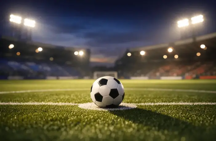 Empty floodlit football pitch with ball on penalty spot, dramatic stadium lighting and long shadows, cinematic sports photography