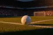 Floodlit pitch at dusk with match ball on penalty spot, warm golden light and cool shadows, distant stadium stands blurred.