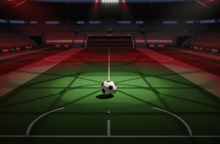 Aerial stadium view of floodlit pitch with match ball on centre circle, red-green colour accent lighting, evening kick-off atmosphere.