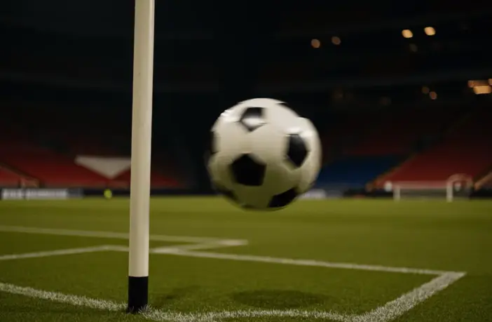 Stadium corner with match ball in motion under floodlights, colour-graded red, blue, white and black.