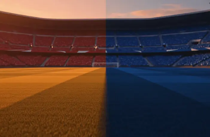 Floodlit stadium pitch at golden hour with packed stands, divided lighting creating dramatic shadows across the field.