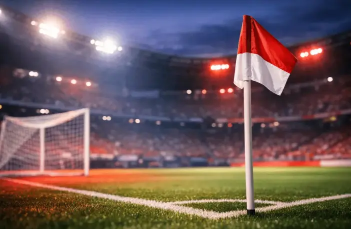 Floodlit football pitch corner in Japanese flag colours (red and white), empty stadium, cinematic lighting