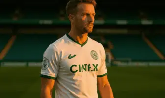 Celtic footballer in hooped jersey standing confidently at Parkhead stadium