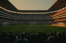 Floodlit stadium pitch at golden-hour with packed stands, dramatic shadows, and architectural geometry in cinematic sports photography.