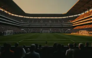 Floodlit stadium pitch at golden-hour with packed stands, dramatic shadows, and architectural geometry in cinematic sports photography.