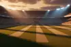 Floodlit stadium pitch at golden hour with dramatic shadows and packed stands; no players visible.