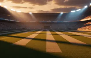 Floodlit stadium pitch at golden hour with dramatic shadows and packed stands; no players visible.