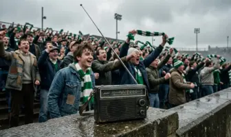 Vintage transistor radio on football terrace with Celtic supporters in background, May 1986