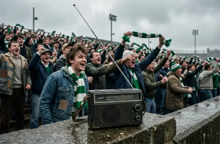 Vintage transistor radio on football terrace with Celtic supporters in background, May 1986