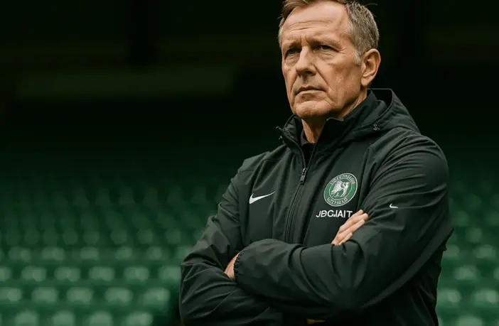 Celtic manager standing in stadium with determined expression, ready for new season challenge