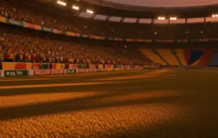 Floodlit stadium at dusk with packed stands and dramatic shadows; Mexico and Ecuador national colours in crowd atmosphere.