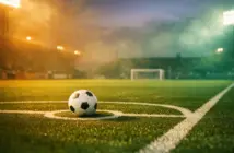 Floodlit football pitch at dusk with match ball on centre spot, colour-graded in Mexico and South Africa national colours, low corner-angle shot.